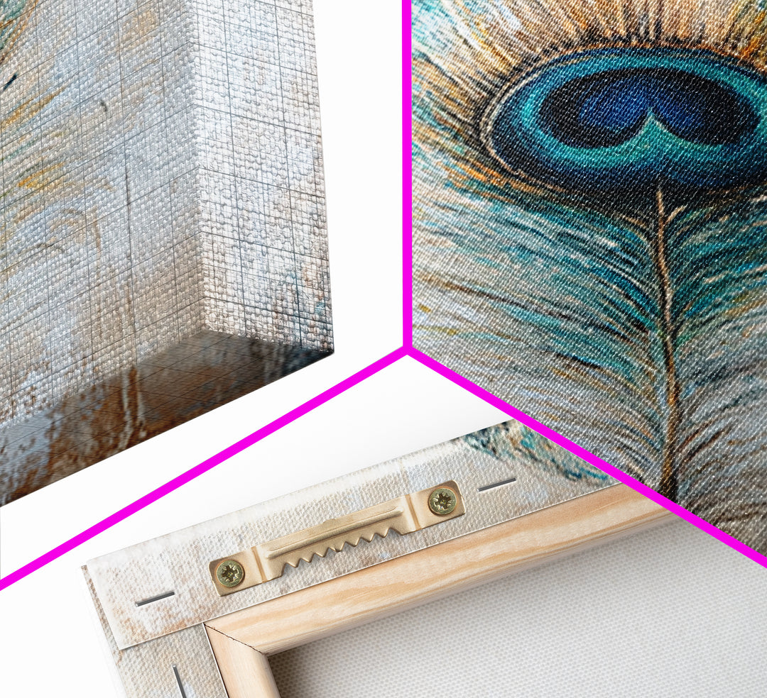 Blue Peacock Feather Wall Art, Boho Bird Feather Canvas Wall Decor, Teal Gold Nature Print, Neutral Living Room Decor, Home Decor