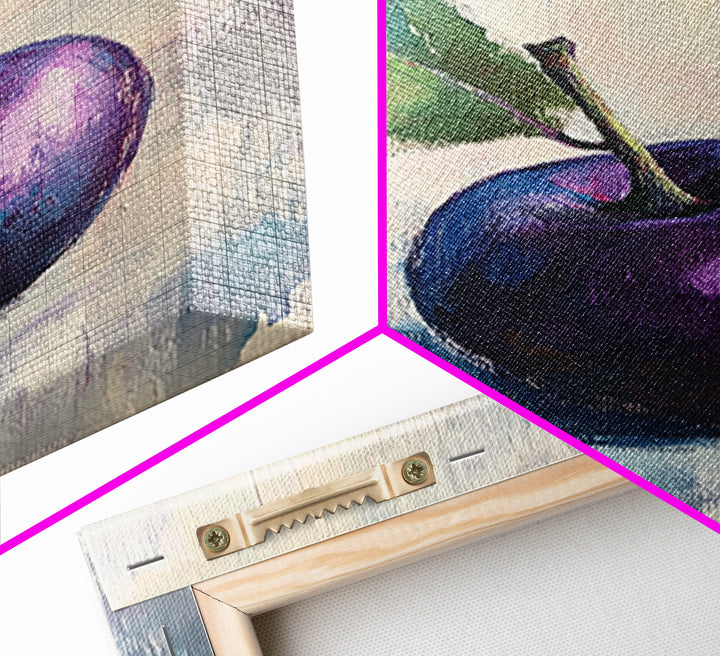 Purple Plum With Green Leaf Canvas Print, Still Life Fruit Art For Kitchen Wall Art, Rustic Farmhouse Home Decor Gift For Her