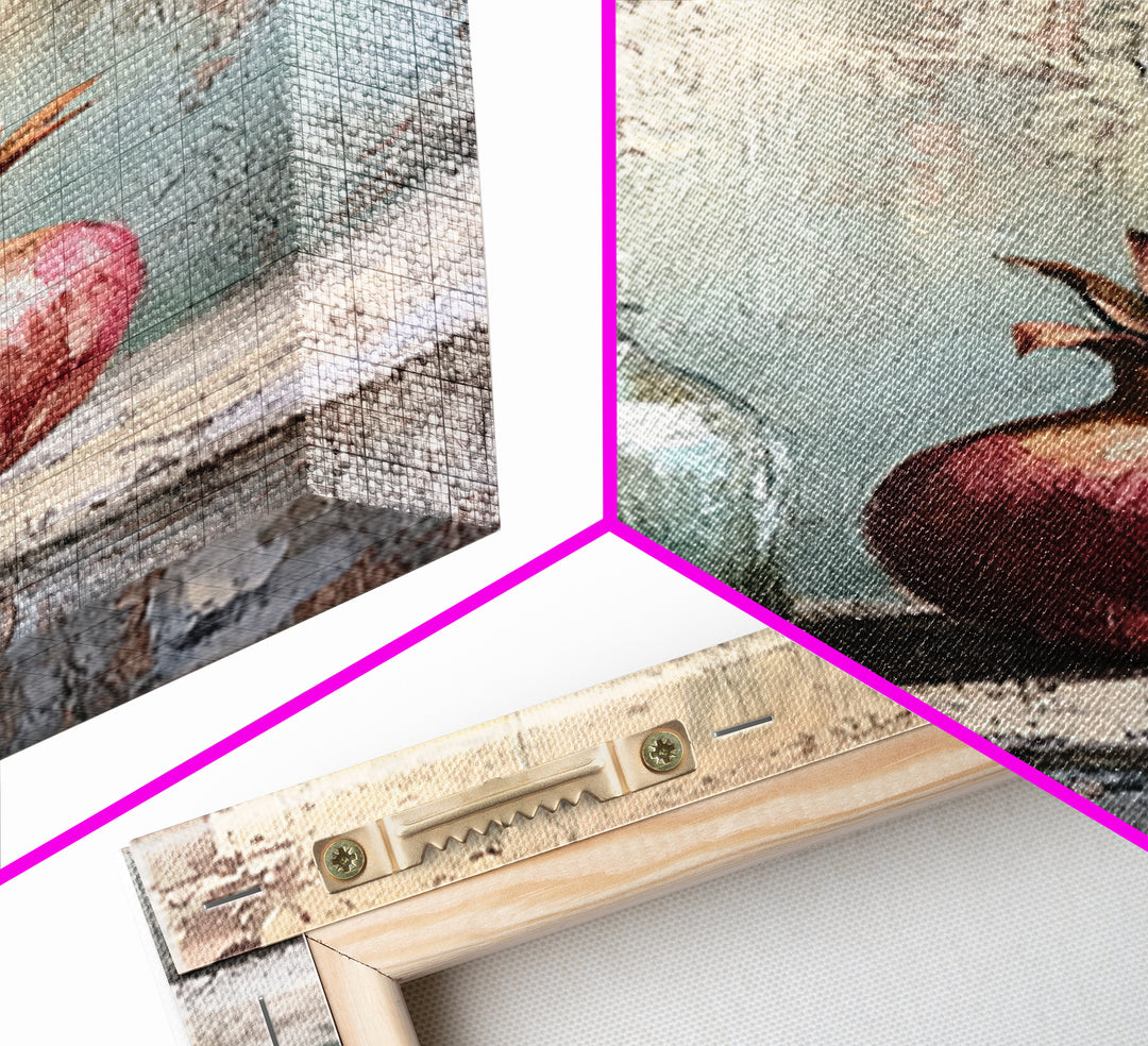 Pomegranate And Glass Bottle Still Life Wall Art, Rustic Fruit Canvas Print, Neutral Kitchen Decor, Housewarming Gift For Her