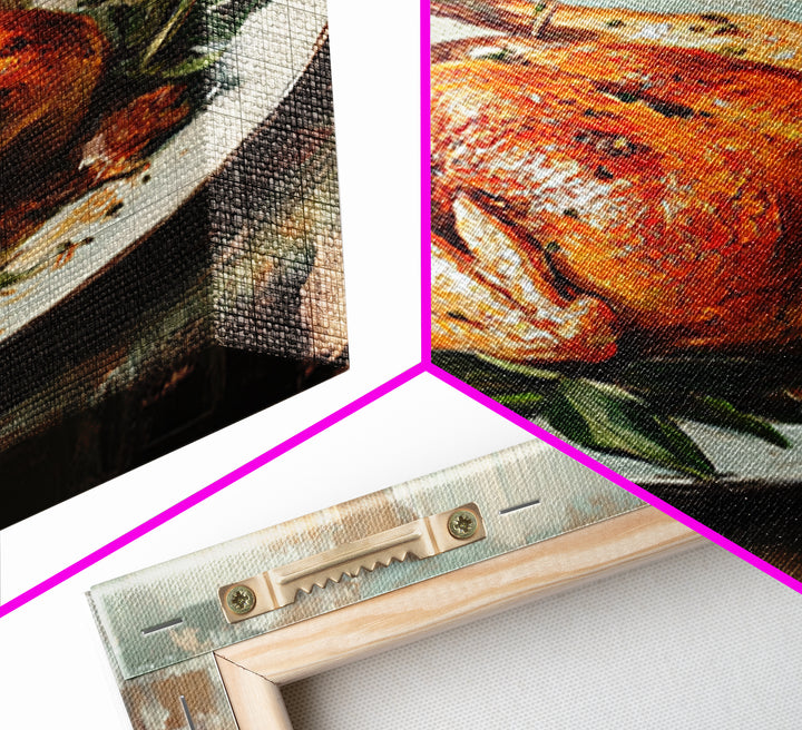 Roast Chicken With Herbs On Platter Wall Art, Rustic Kitchen Canvas Print, Farmhouse Dining Room Decor, Foodie Gift For Chef