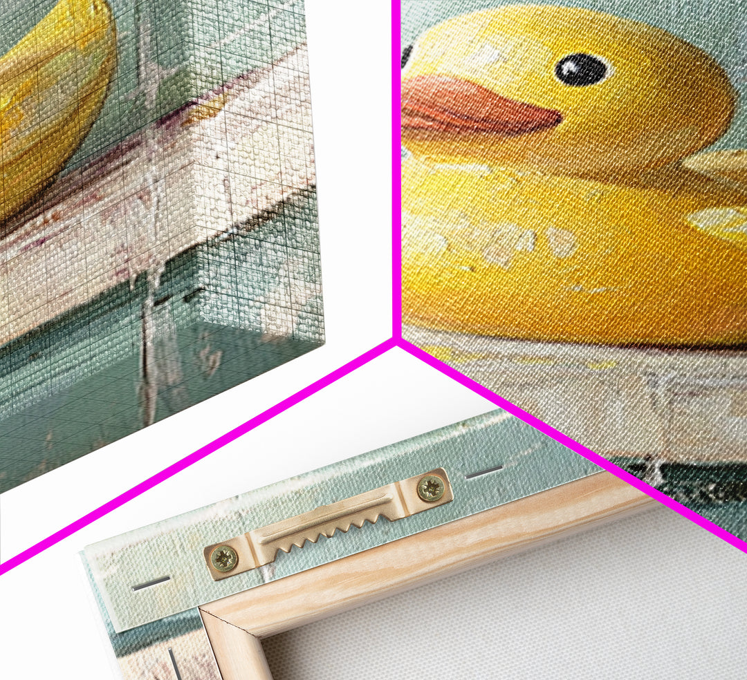 Bright Yellow Rubber Duck On Aqua Tile Painting, Canvas Print For Bathroom Wall Art, Funny Bathroom Decor, Kids Room Gift
