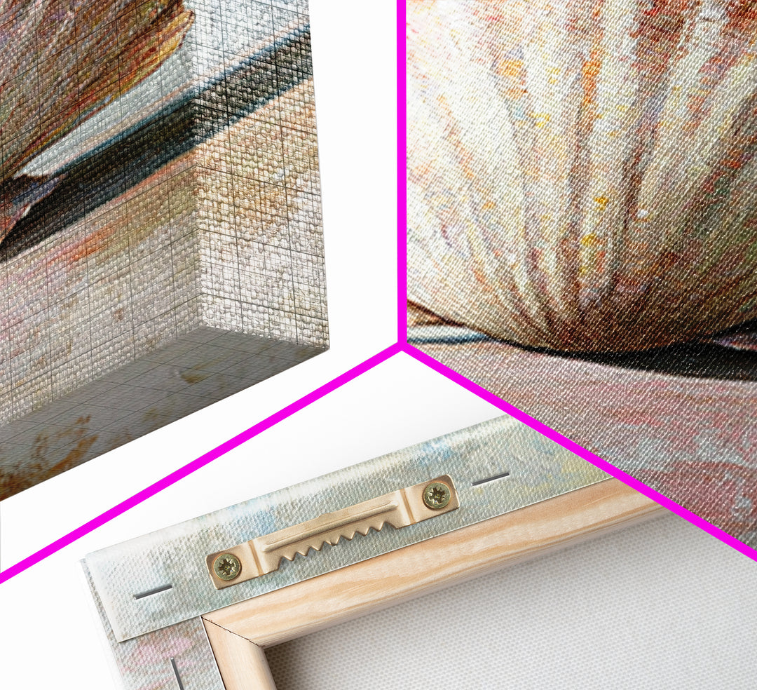 Textured Scallop Shell Still Life Wall Art, Coastal Beach House Decor, Seashell Painting, Neutral Bathroom Wall Decor, Spa Art