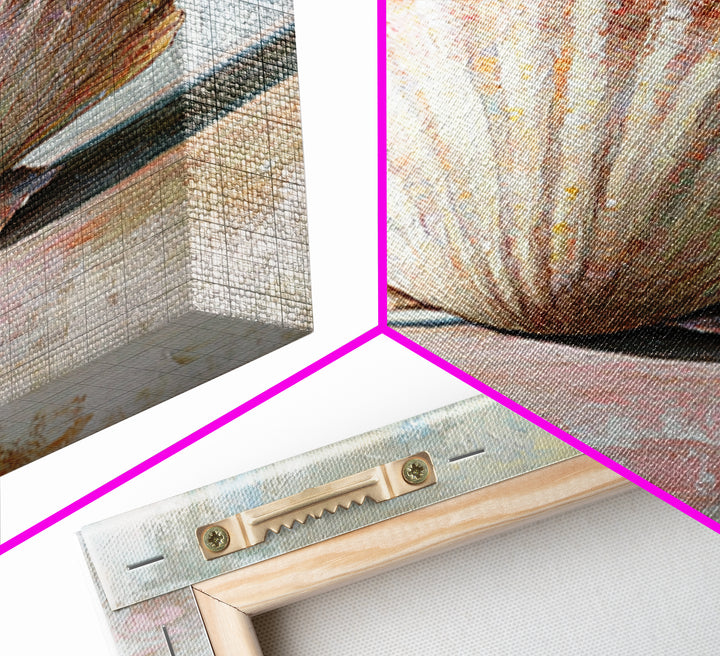 Textured Scallop Shell Still Life Wall Art, Coastal Beach House Decor, Seashell Painting, Neutral Bathroom Wall Decor, Spa Art
