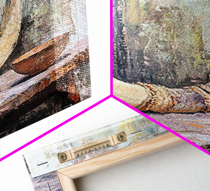 Curved Ivory Horn And Rustic Bowl Still Life Framed Canvas Print, African Inspired Wall Art, Tribal Decor, Moody Neutral Art