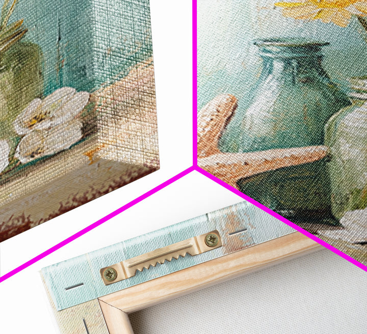 Starfish Daisies And Sea Glass Bottles Coastal Wall Art, Beach House Decor, Floral Canvas Print, Summer Gift For Her, Bathroom Decor