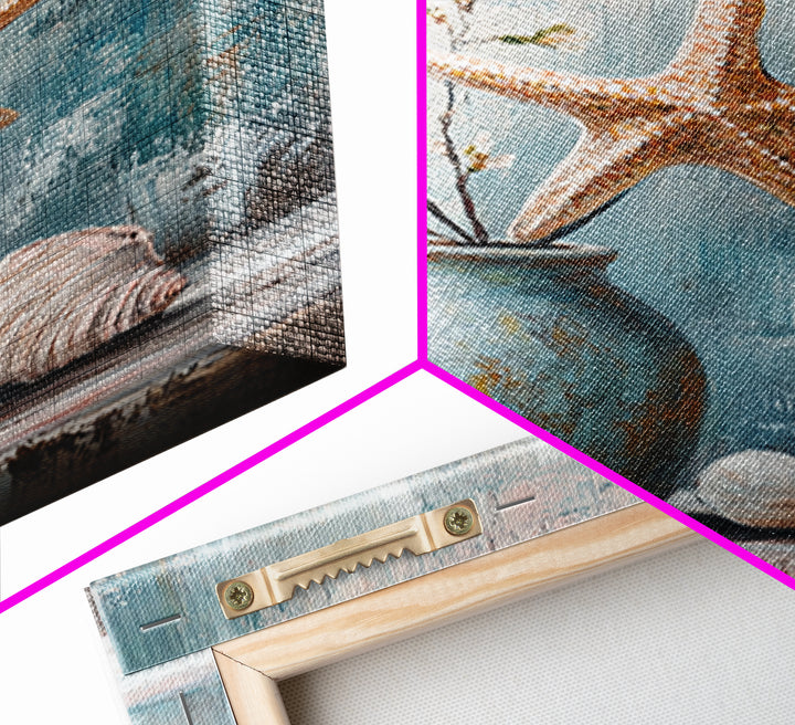 Orange Starfish Seashell And Blue Vase Coastal Wall Art, Nautical Beach Decor, Ocean Canvas Print, Serene Bathroom Art For Home
