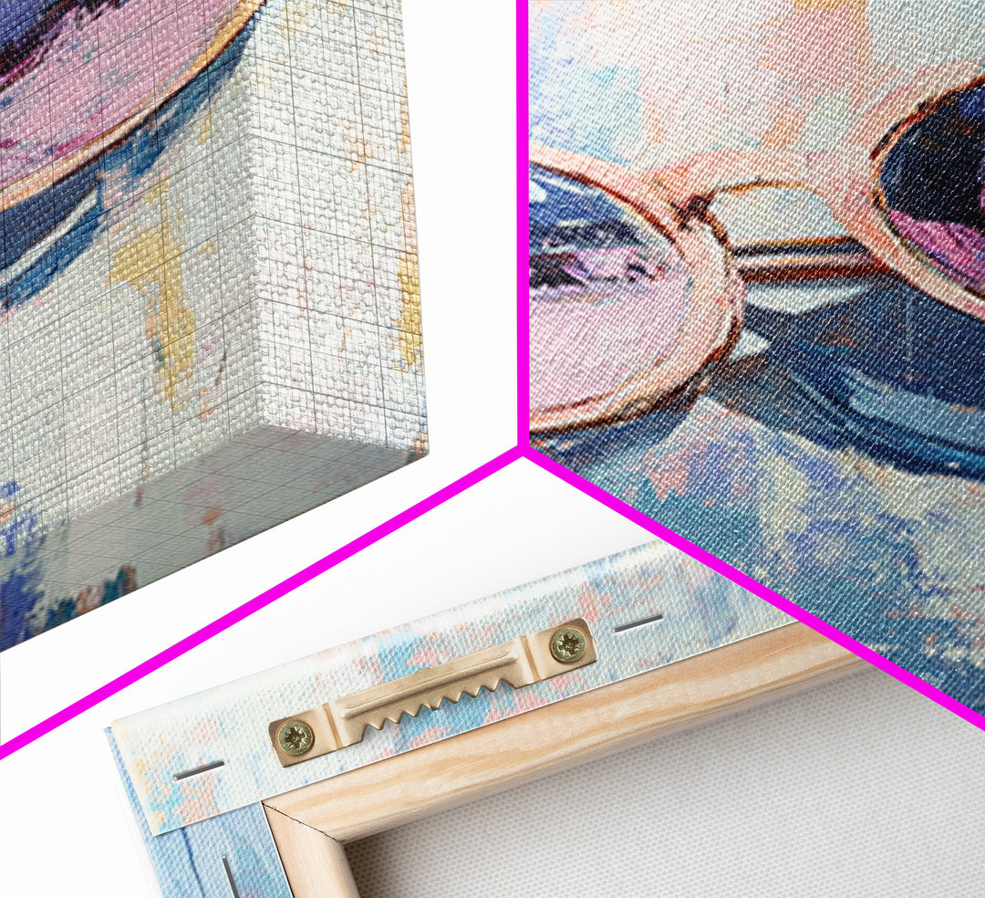 Pink Sunglasses On Blue Abstract Canvas Print, Fashion Wall Art, Dopamine Decor, Trendy Prints, Cool Girl Room Decor, Modern Wall Decor