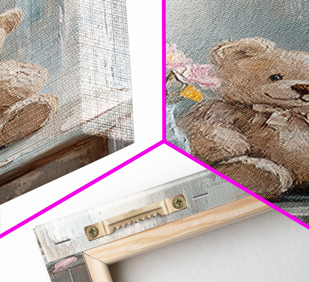 Smiling Teddy Bear With Pink Flowers Wall Art, Nursery Decor, Kids Room Art, Baby Shower Gift, Whimsical Animal Print, Girl Nursery Decor