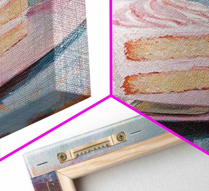 Pink Frosted Cake Slice On Plate Wall Art, Bakery Art Print, Kitchen Wall Art, Cute Kitchen Decor, Dessert Art, Gift For Her