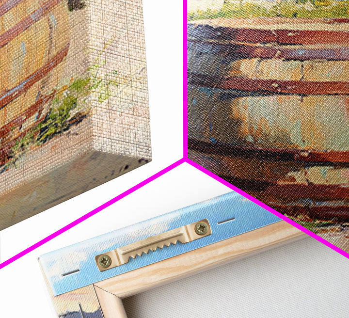 Sunlit Vineyard Wine Barrel Canvas Print, Rustic Winery Landscape Painting, Wine Wall Art, Kitchen Decor, Gift For Wine Lover