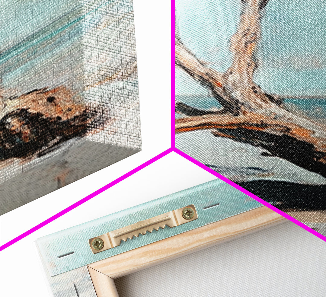 Weathered Driftwood On Quiet Beach Canvas Print, Coastal Wall Art, Minimalist Seascape Decor, Neutral Ocean Landscape Art