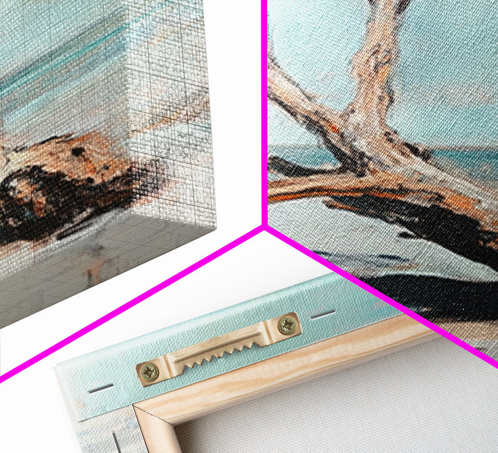 Weathered Driftwood On Quiet Beach Canvas Print, Coastal Wall Art, Minimalist Seascape Decor, Neutral Ocean Landscape Art