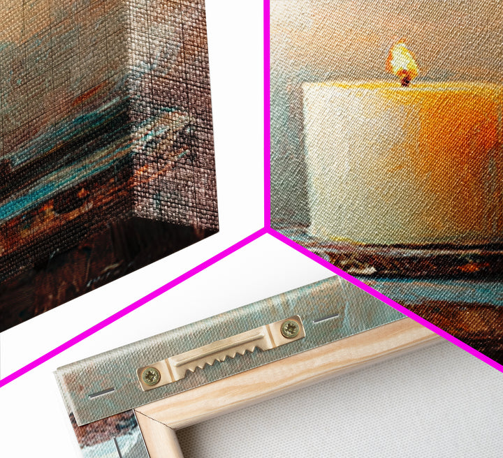 Glowing Ivory Candle On Rustic Table Canvas Print, Calming Still Life Wall Art For Spa Decor, Meditation Room, Cozy Home