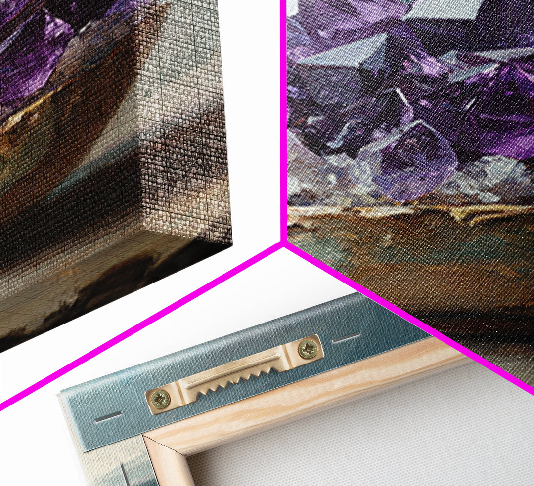 Purple Amethyst Crystals In Rustic Bowl Canvas Print, Crystal Wall Art, Spiritual Decor, Boho Home Decor, Gift For Her, Living Room Decor