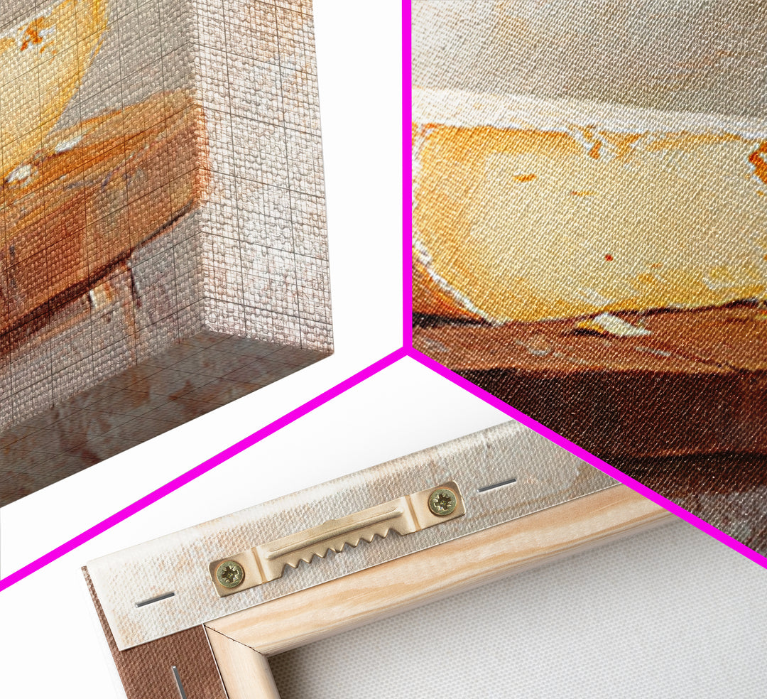 Cheese Wedge On Rustic Stool Canvas Print, Minimalist Kitchen Wall Art, Food Still Life, Farmhouse Decor, Gift For Foodie