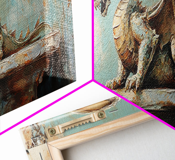 Textured Stone Dragon Framed Canvas Print, Fantasy Wall Art, Gothic Medieval Decor, Mythical Creature Gift For Gamer Room Decor