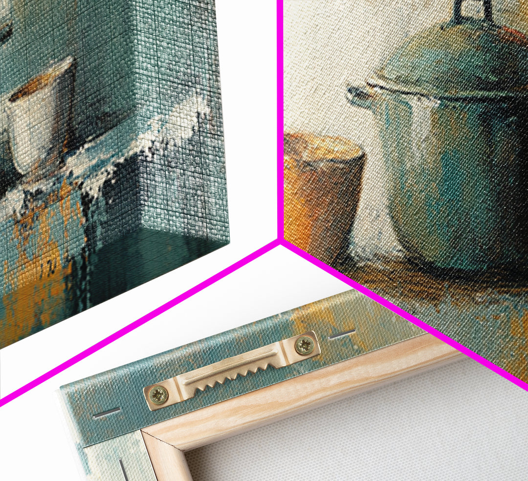 Blue Pot And Bowls Kitchen Wall Art, Rustic Farmhouse Decor, Modern Still Life Canvas Print, Cozy Dining Room Decor, Home Decor