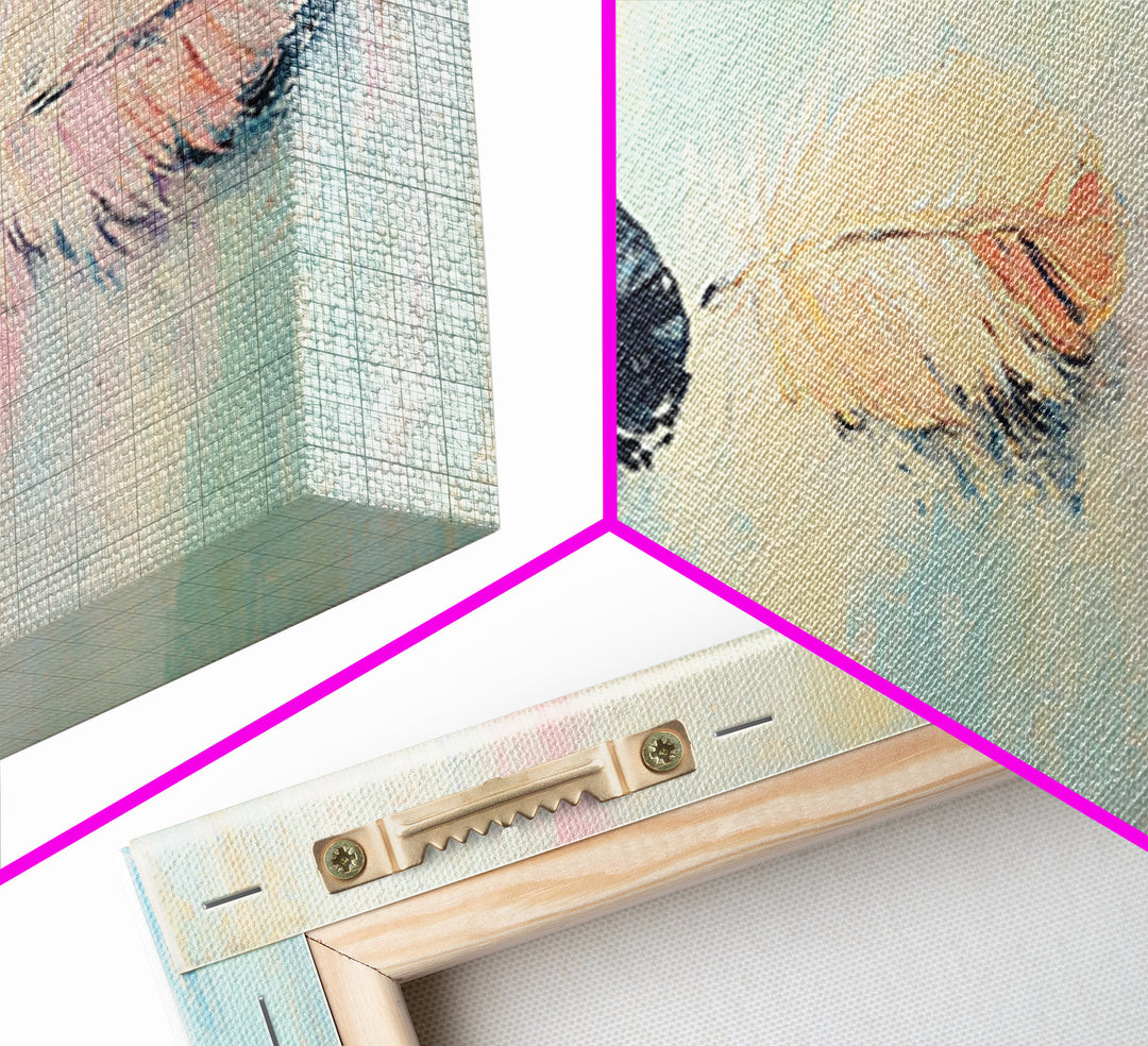 Three Pastel Feathers On Blue Wall Art, Boho Canvas Print For Nursery, Bedroom, Feminine Decor, Soft Coastal Home Decor Gift