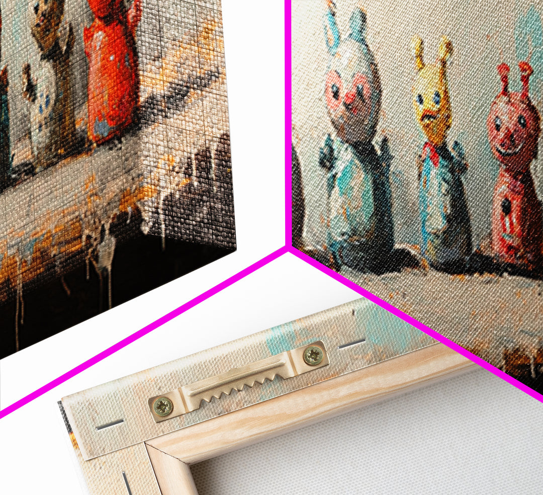 Whimsical Monster Figurines Wall Art, Quirky Kids Room Decor, Playroom Art Print, Colorful Eclectic Nursery Canvas Print