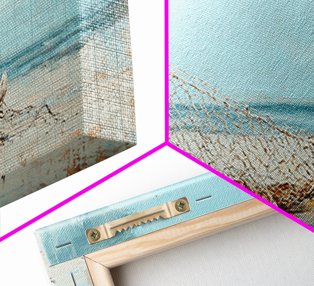 Weathered Fishing Net On Beach Canvas Print, Coastal Wall Art, Nautical Decor, Seascape Painting, Beach House Rustic Home Decor Gift