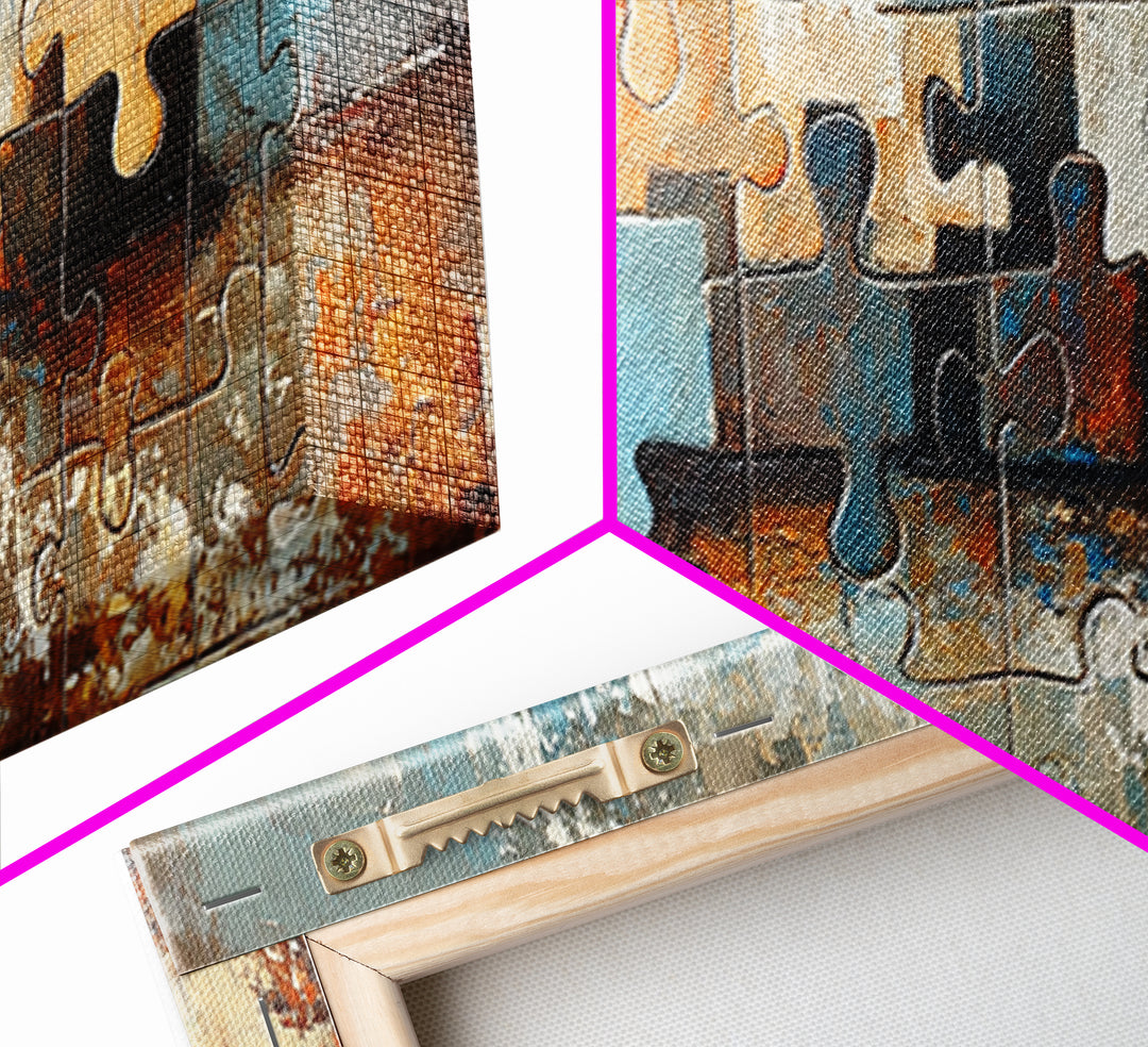 Abstract Puzzle Pieces Painting Wall Art, Modern Geometric Canvas Print For Living Room Decor And Office Decor Gift For Him