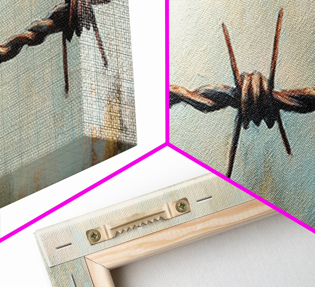 Rustic Barbed Wire Fence Wall Art, Western Canvas Print, Farmhouse Country Decor, Industrial Ranch Masculine Office Decor