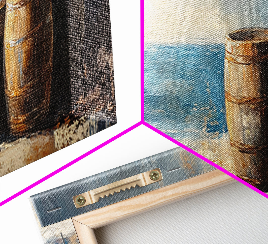 Weathered Barrels By The Sea Wall Art, Coastal Rustic Decor, Nautical Canvas Print For Beach House Living Room Wall Decor Gift