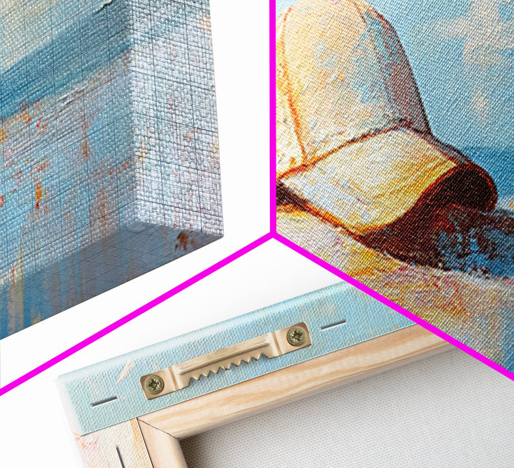 Sunlit Baseball Cap On Sandy Blue Shore Wall Art, Coastal Beach House Decor, Nautical Living Room Print, Gift For Him, Home Decor