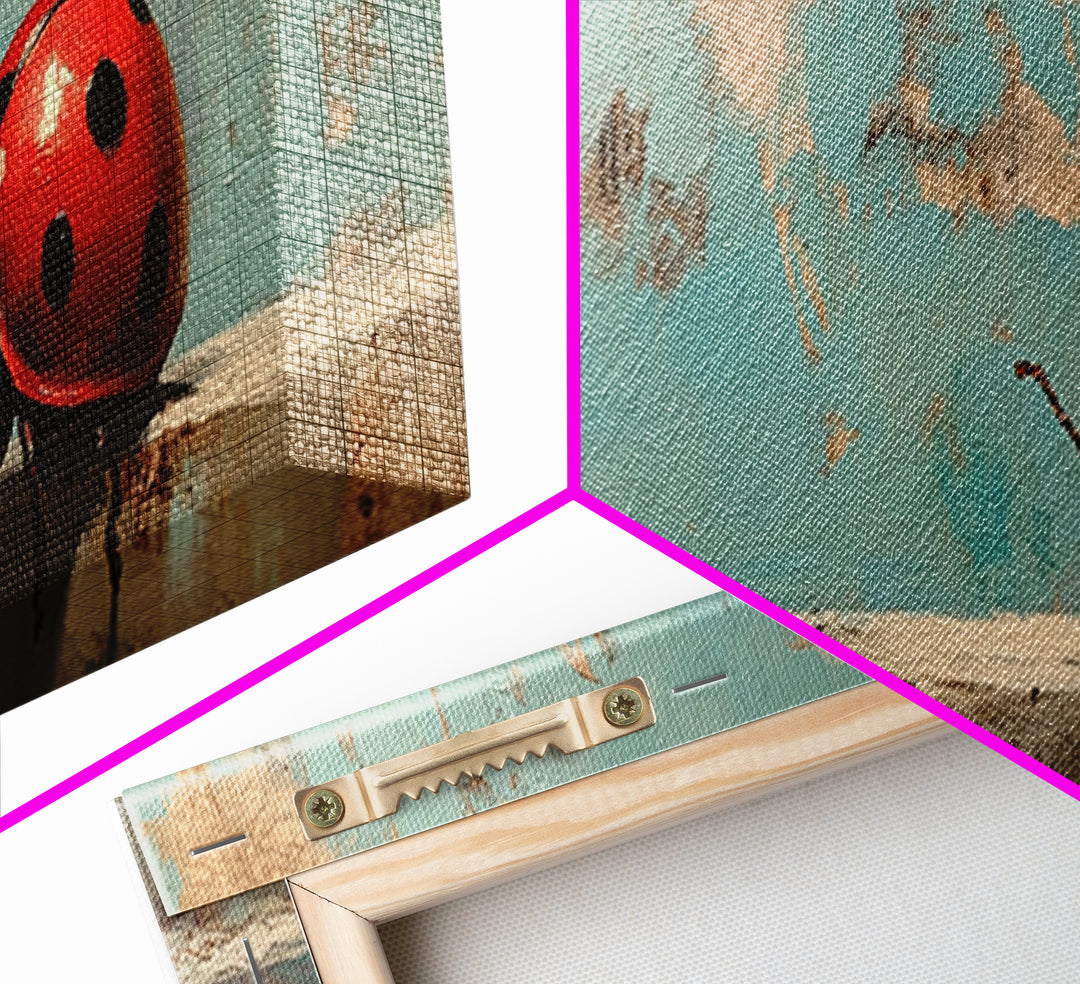 Red Ladybug On Weathered Blue Wall Art, Whimsical Animal Canvas Print, Nature Wall Decor, Kids Room Art, Garden Decor Gift