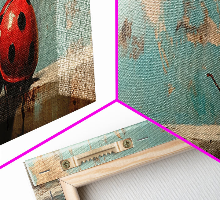 Red Ladybug On Weathered Blue Wall Art, Whimsical Animal Canvas Print, Nature Wall Decor, Kids Room Art, Garden Decor Gift