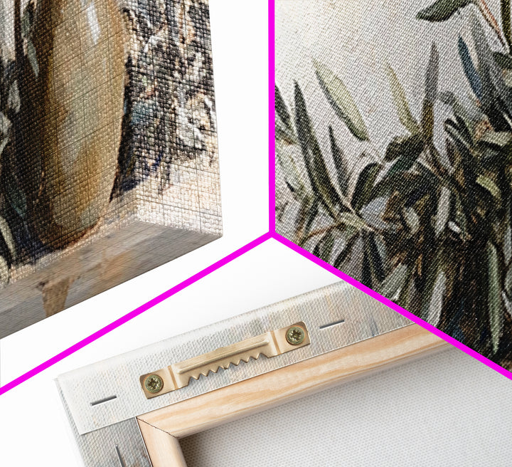 Olive Branches And Clay Pitcher Wall Art, Mediterranean Canvas Print, Rustic Kitchen Decor, Neutral Botanical Home Decor