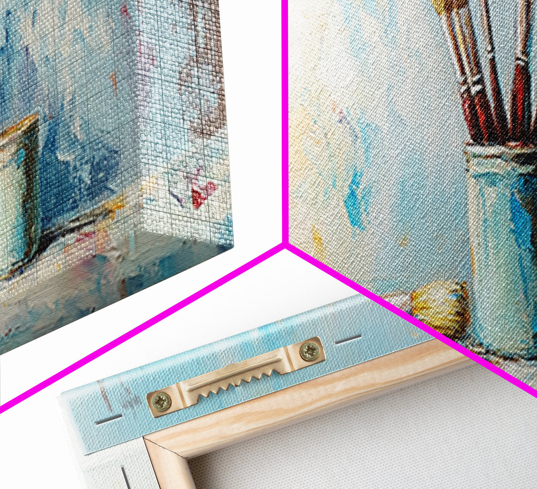 Blue Jars With Artist Brushes Canvas Print, Paint Studio Wall Art, Creative Office Decor, Modern Gallery Wall Art Print, Gift For Art Lover