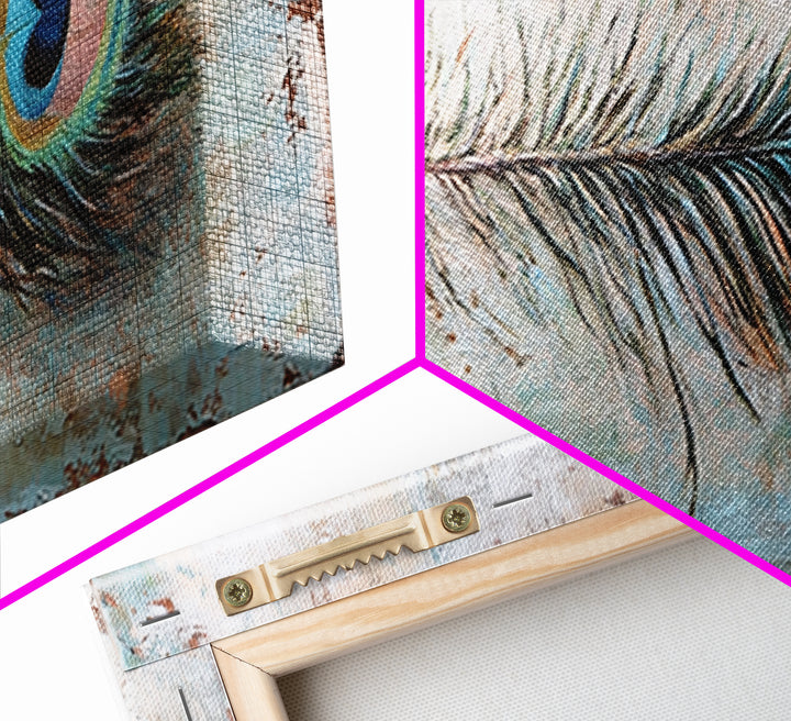 Peacock Feather On Distressed Blue Texture Wall Art, Long Horizontal Canvas, Rustic Coastal Decor, Boho Nature Print, Gift For Her