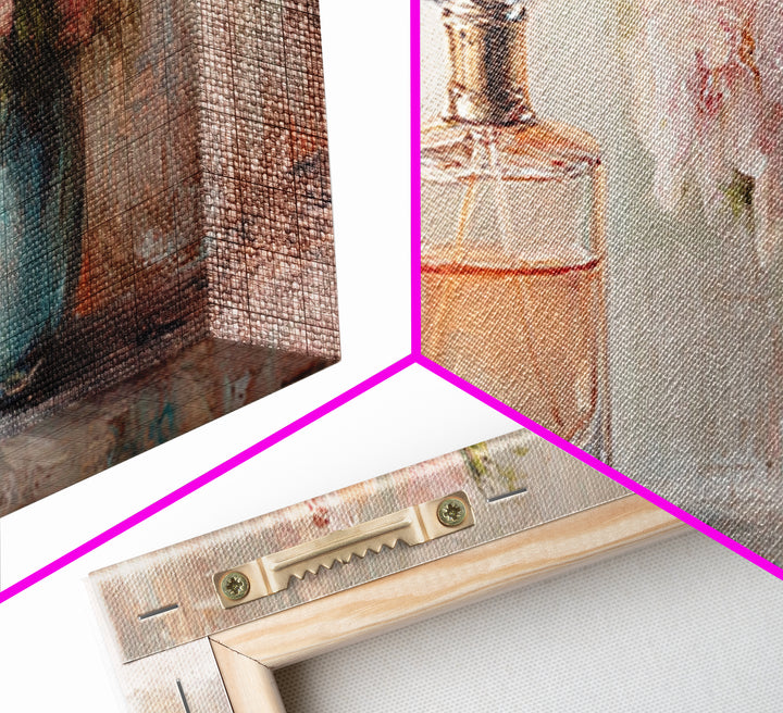 Perfume Bottle And Pink Flowers Framed Canvas Print, Feminine Wall Art, Vanity Decor, Romantic Bedroom Gift For Her, Coquette Prints