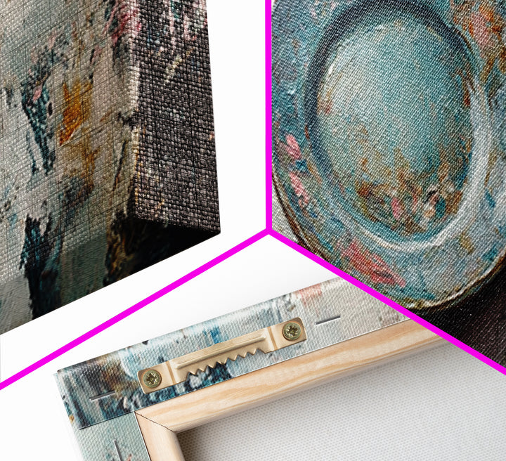 Weathered Blue Plate Wall Art, Minimalist Still Life Painting, Rustic Kitchen Decor, Textured Canvas Print For Dining Room