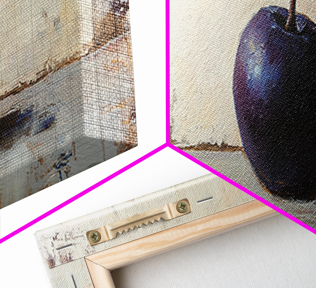 Single Purple Plum Still Life Wall Art, Minimalist Kitchen Decor, Moody Fruit Painting, Rustic Canvas Print For Dining Room