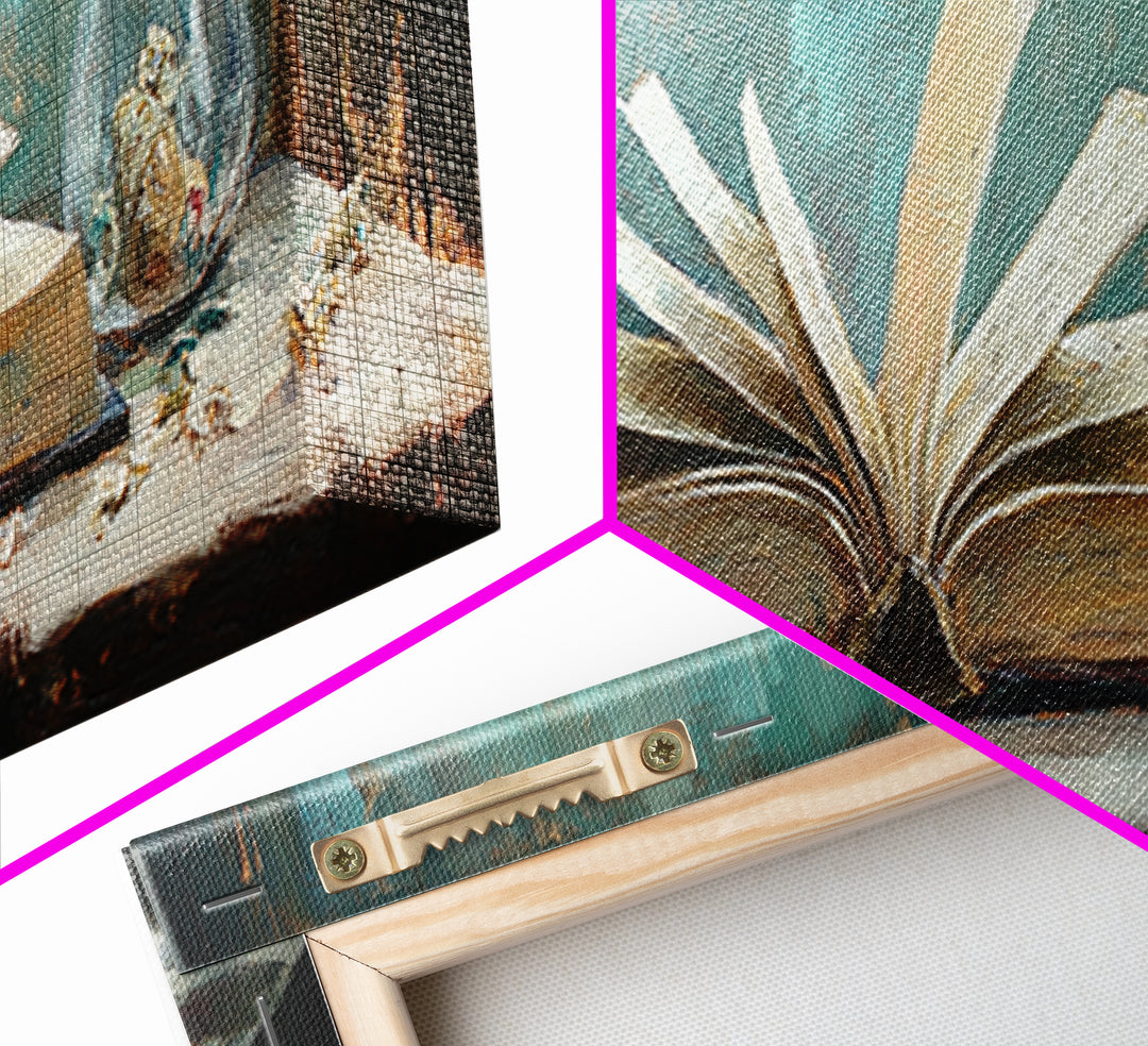Open Antique Book With Vases Canvas Print, Dark Academia Wall Art, Literary Decor, Moody Library Reading Nook Home Decor