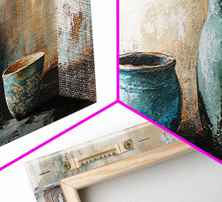 Turquoise Ceramic Vessels Still Life, Rustic Neutral Framed Canvas Print, Kitchen Wall Art, Modern Farmhouse Housewarming Gift