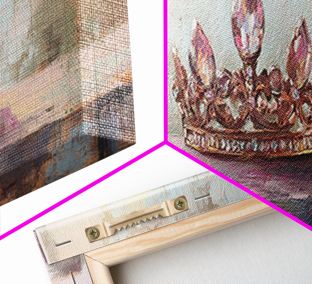 Jeweled Princess Crown Still Life Framed Canvas Print, Feminine Wall Art, Romantic Bedroom Decor, Coquette Room Decor Gift For Her