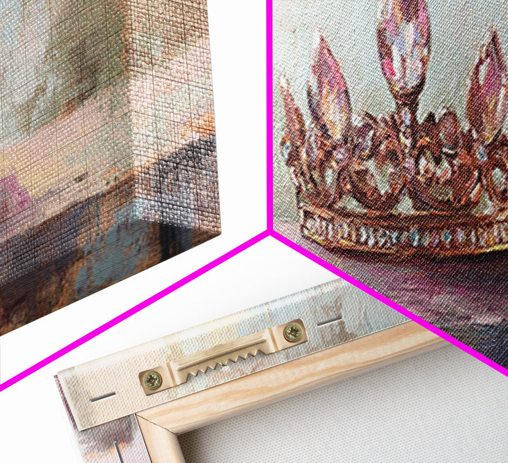 Jeweled Princess Crown Still Life Framed Canvas Print, Feminine Wall Art, Romantic Bedroom Decor, Coquette Room Decor Gift For Her