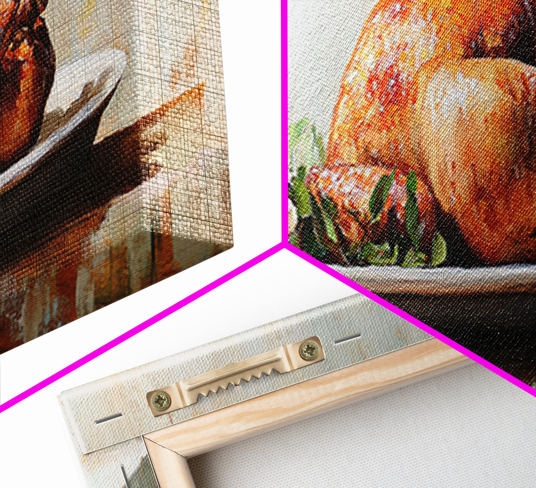 Roasted Chicken On White Platter Canvas Print, Rustic Kitchen Wall Decor, Food Art, Dining Room Decor, Housewarming Gift