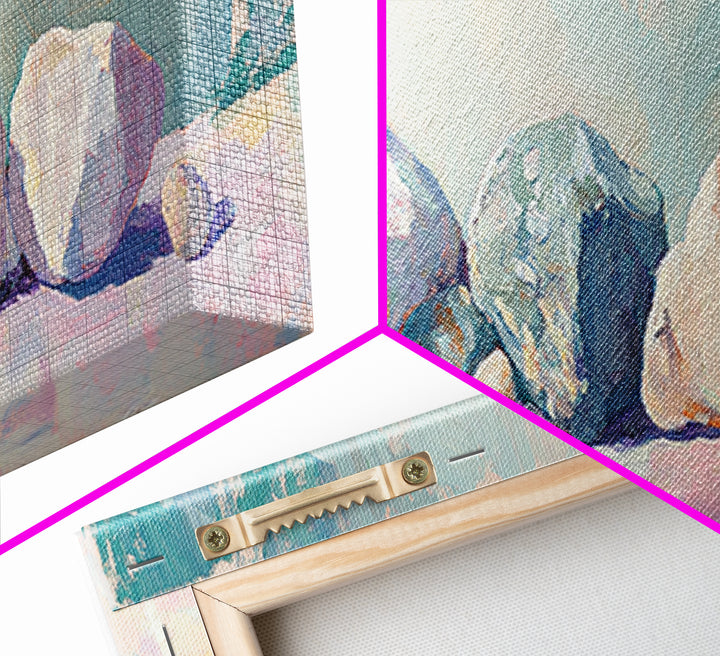 Pastel Stone Still Life Wall Art, Neutral Coastal Canvas Print, Minimalist Nature Decor, Serene Living Room Wall Decor Prints