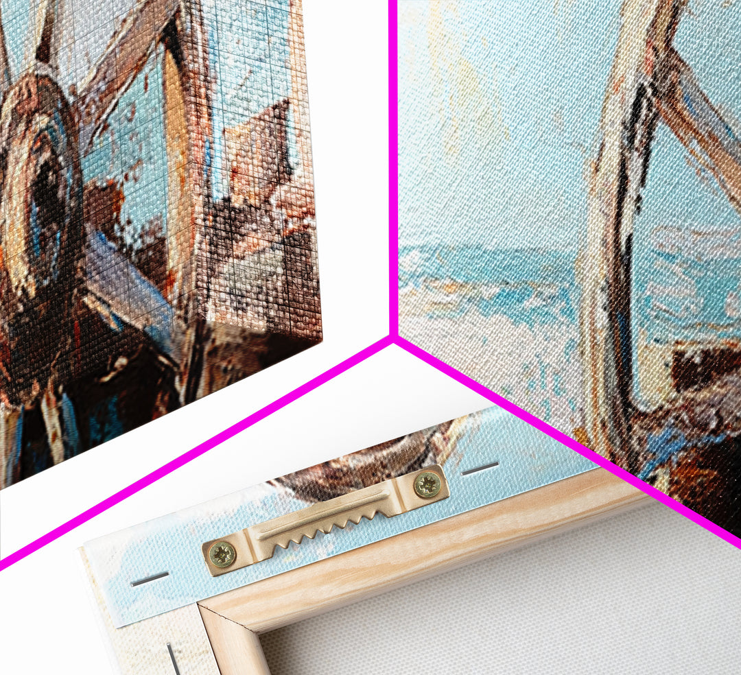 Weathered Wagon Wheel Wall Art, Coastal Beach Decor, Rustic Nautical Canvas Print, Beach House Wall Decor, Large Seascape Gift