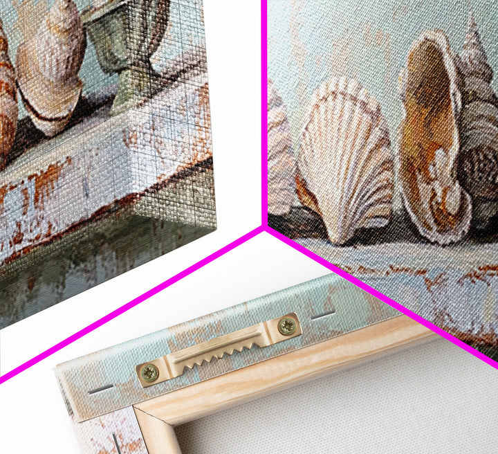 Pastel Seashell Shelf Still Life Framed Canvas Print, Coastal Wall Art, Beach House Decor, Nautical Bathroom Wall Decor, Ocean Print