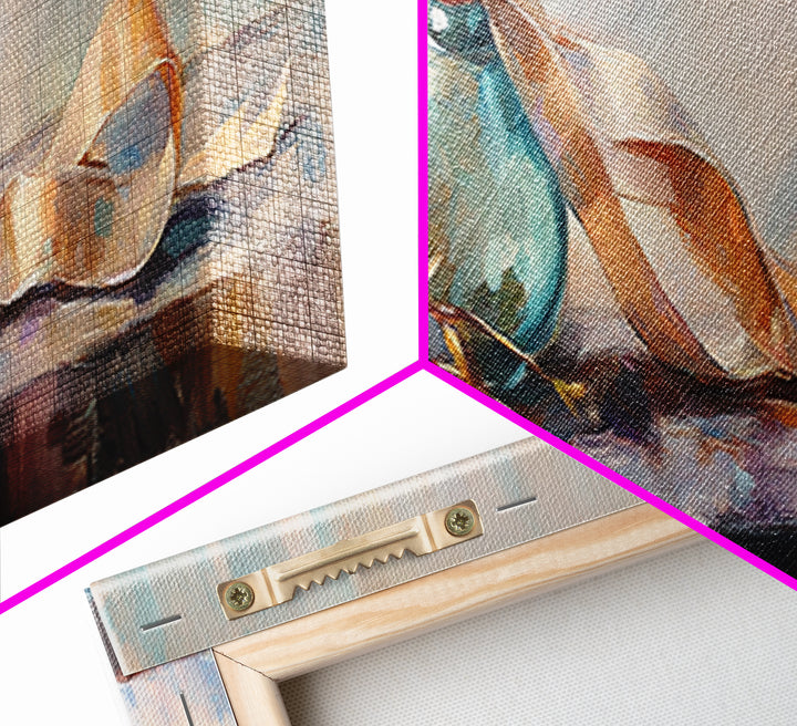 Coastal Bottle Ribbon And Shell Still Life Framed Canvas Print, Beach House Wall Art, Nautical Decor, Soft Pastel Art, Home Decor
