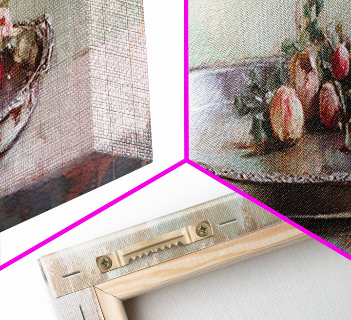 Antique Silver Tray With Red Berries Wall Art, Rustic Still Life Framed Canvas Print, Farmhouse Dining Room Decor, Kitchen Wall Decor