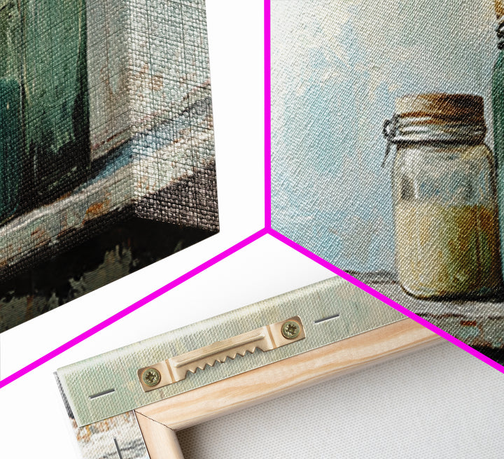 Minimalist Blue Glass Jars Canvas Print, Rustic Kitchen Wall Decor, Neutral Home Decor, Farmhouse Art, Modern Still Life Print