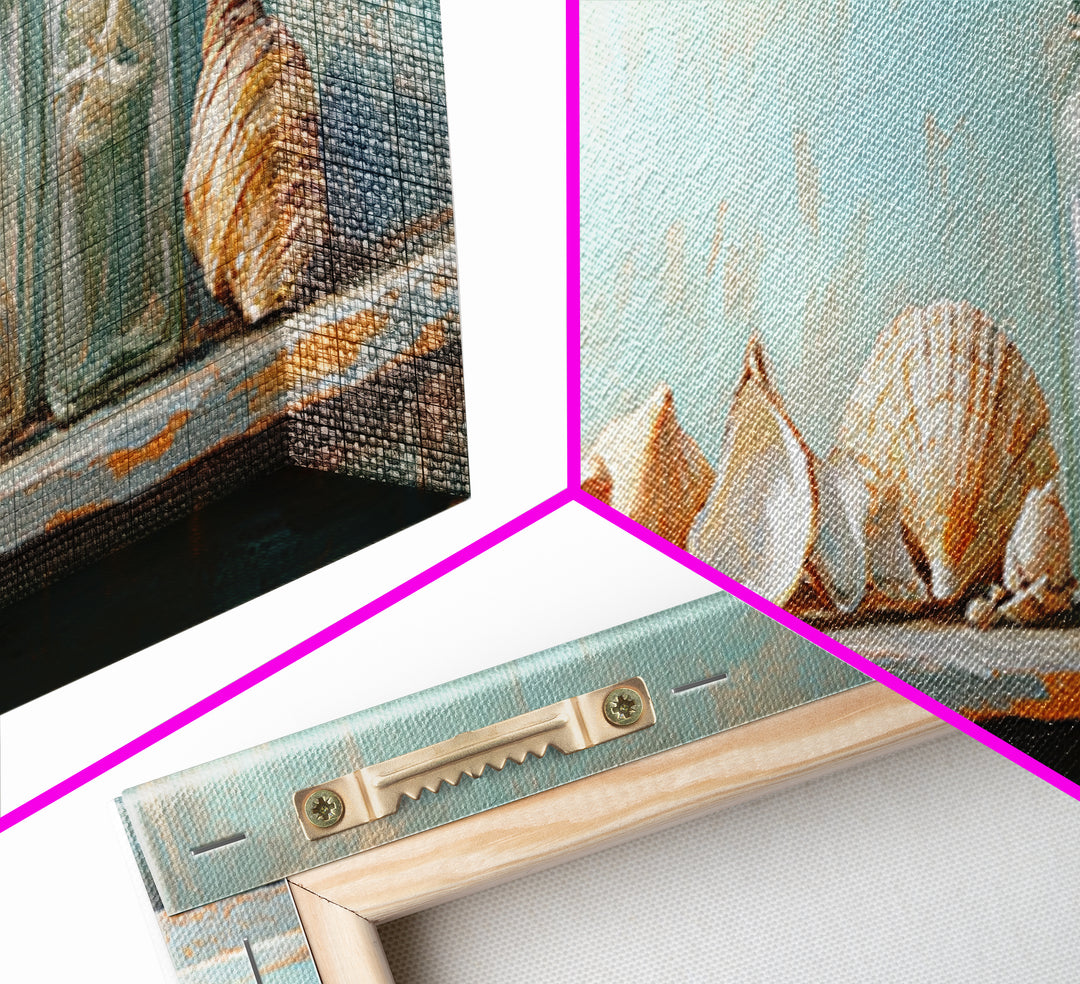 Seashells And Glass Jars Wall Art, Coastal Bathroom Decor, Beach House Canvas Print, Nautical Ocean Home Shelf Decor Gift