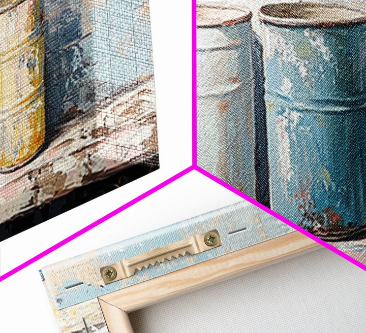 Weathered Paint Cans Still Life Wall Art, Rustic Studio Decor, Industrial Canvas Print, Blue Neutral Workshop Wall Decor Gift
