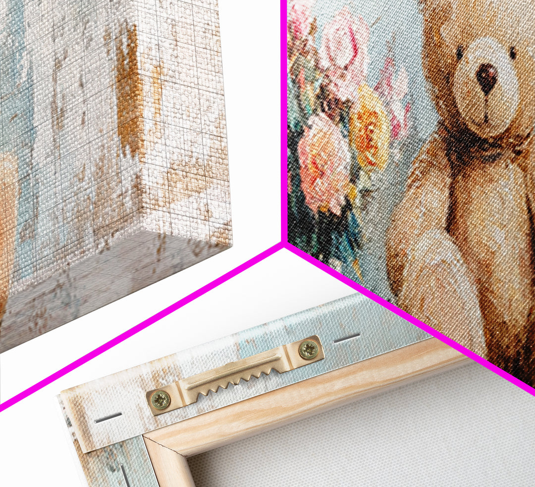 Teddy Bear With Flower Vase Canvas Print, Nursery Wall Art, Whimsical Kids Room Decor, Baby Shower Gift, Cute Animal Art